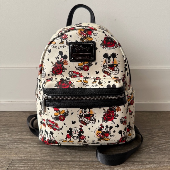 LOUNGEFLY Disney Mickey & Minnie Flash Tattoo Print Mini Backpack - Picture 1 of 4